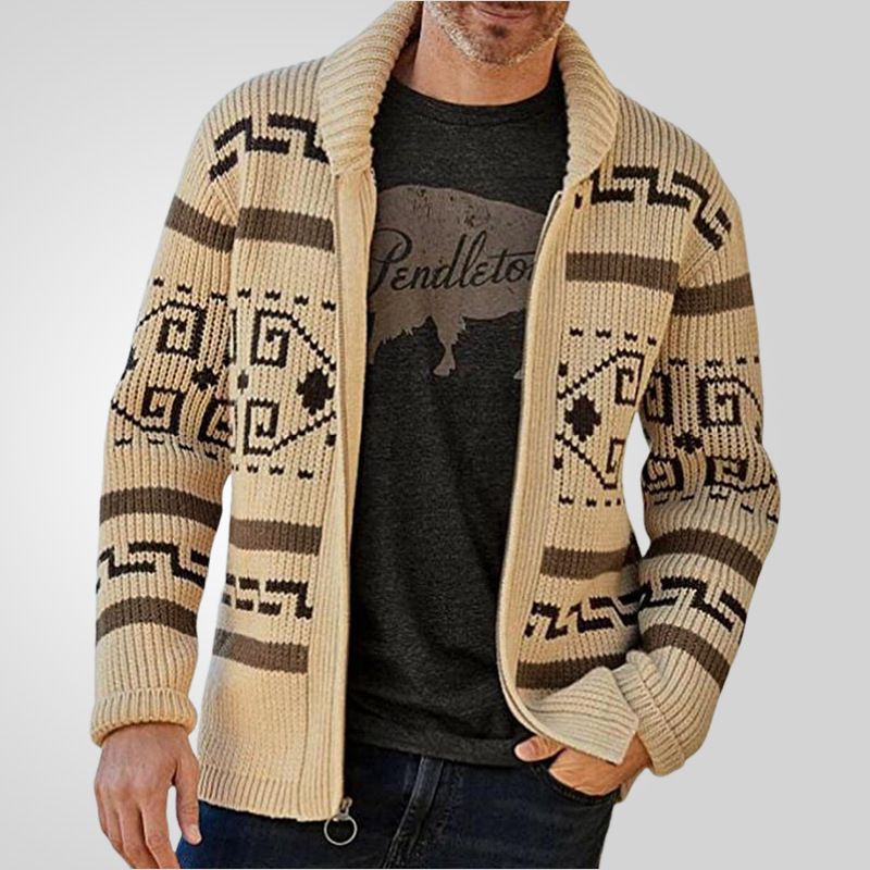 Custom Men's sweater Fashion Lapel Zipped Cardigan Jacket Long Sleeve Fair Isle Jacquard Knit Cardigan Sweater For Men Sweaters
