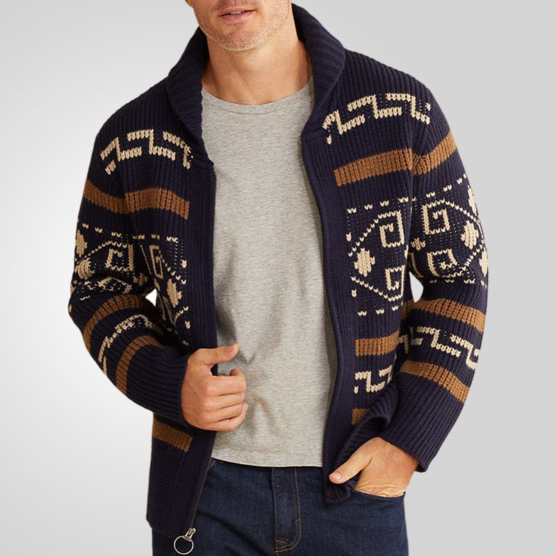 Custom Men's sweater Fashion Lapel Zipped Cardigan Jacket Long Sleeve Fair Isle Jacquard Knit Cardigan Sweater For Men Sweaters