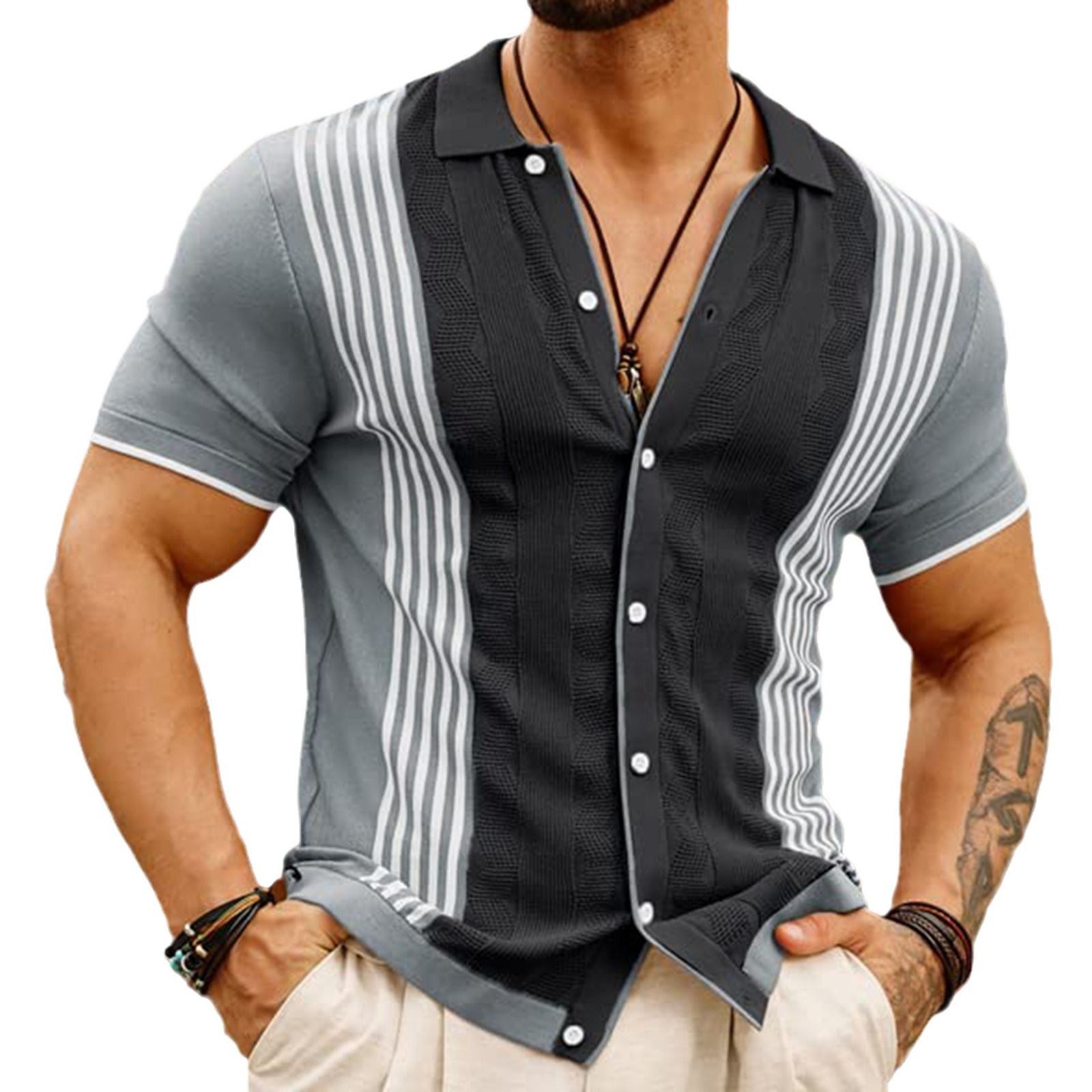 High Quality Customized Polyester Men's Stripe Breathable Short Sleeved cardigan Boy's T-shirt