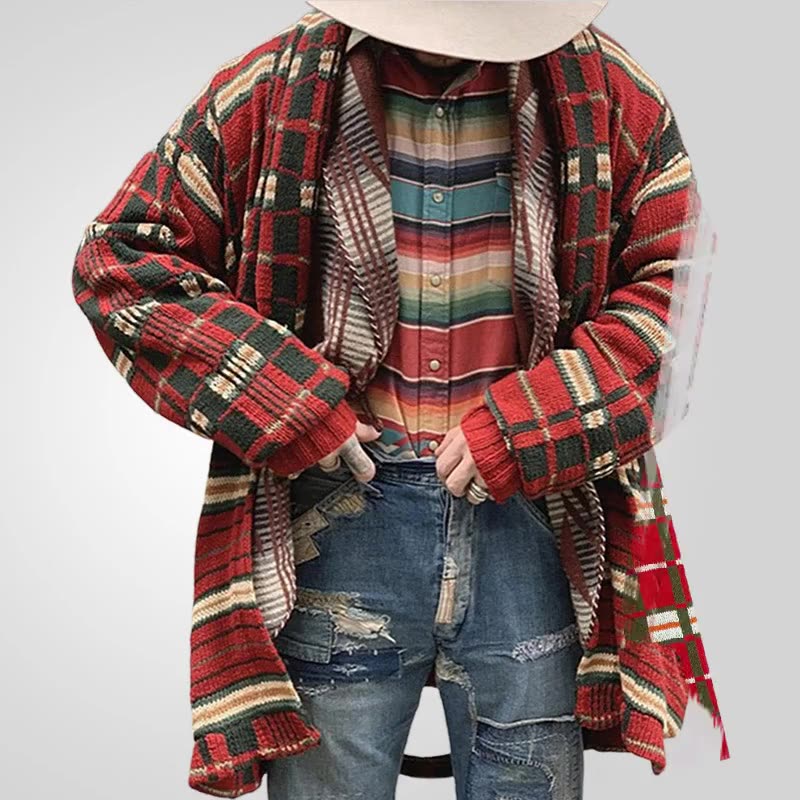 Men's winter casual knitted sweater jacket classic red checkered jacquard long style woolen sweater jacket in stock wholesale  Coats