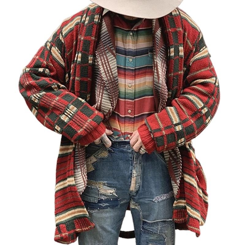 Men's winter casual knitted sweater jacket classic red checkered jacquard long style woolen sweater jacket in stock wholesale  Coats