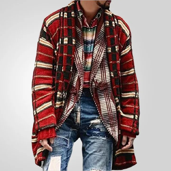 Men's winter casual knitted sweater jacket classic red checkered jacquard long style woolen sweater jacket in stock wholesale  Coats
