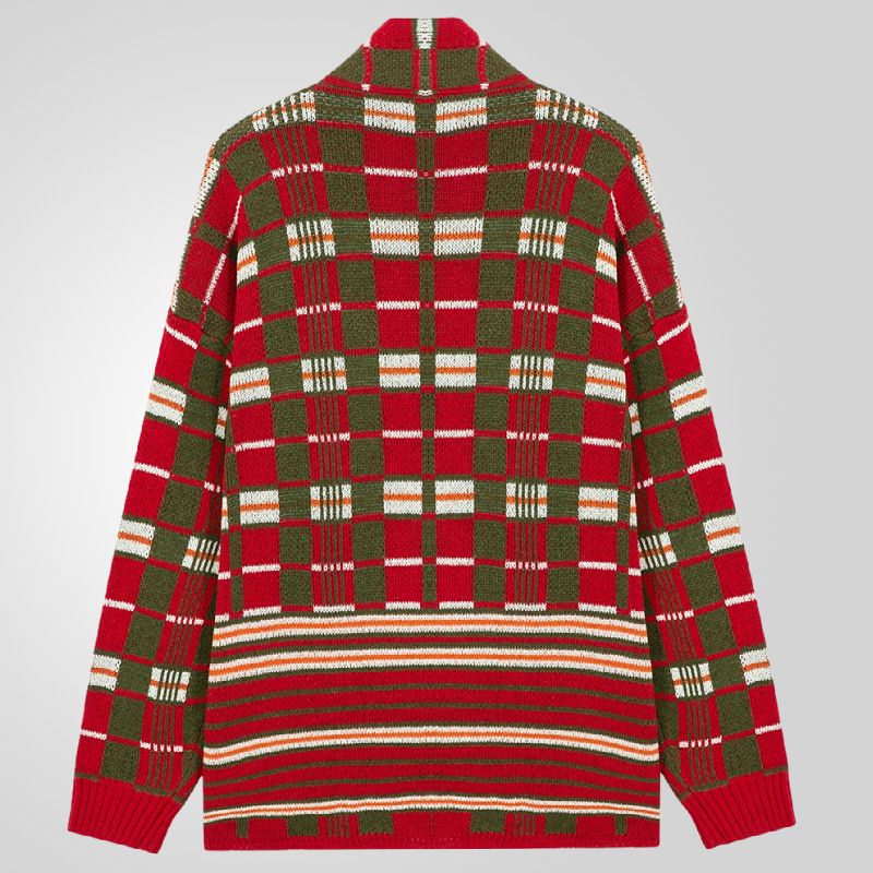 Men's winter casual knitted sweater jacket classic red checkered jacquard long style woolen sweater jacket in stock wholesale  Coats