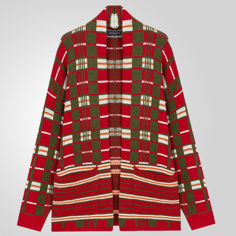 Men's winter casual knitted sweater jacket classic red checkered jacquard long style woolen sweater jacket in stock wholesale  Coats