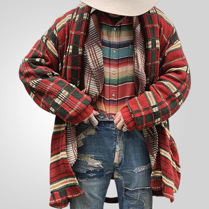 Men's winter casual knitted sweater jacket classic red checkered jacquard long style woolen sweater jacket in stock wholesale  Coats