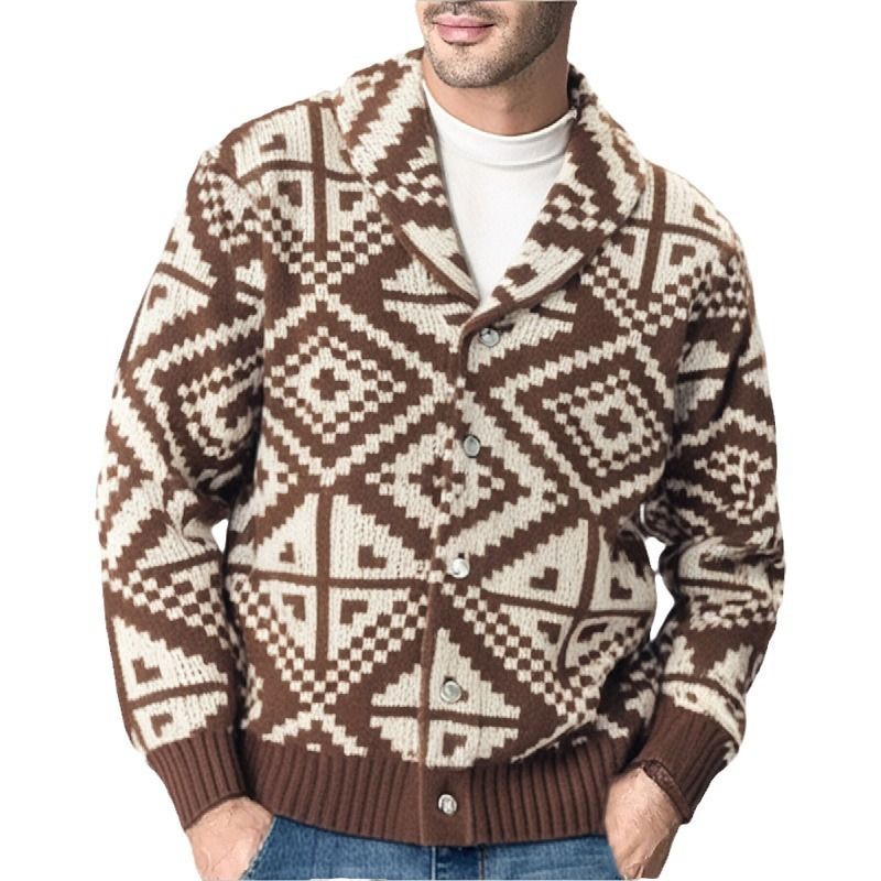American retro cardigan men's long sleeved knitted sweater autumn and winter style thick geometric jacquard woolen jacket  Coats