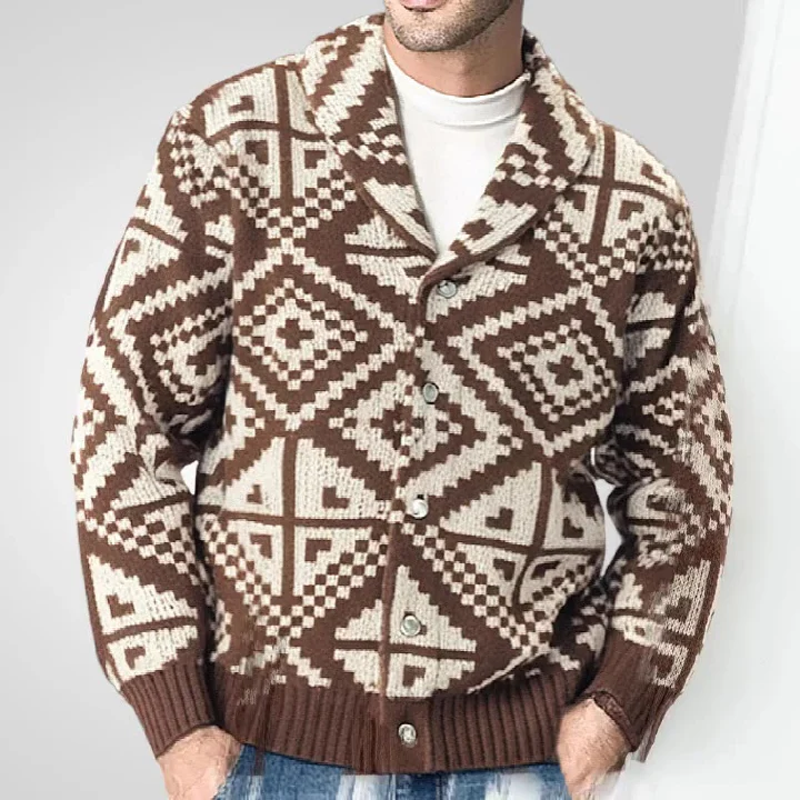 American retro cardigan men's long sleeved knitted sweater autumn and winter style thick geometric jacquard woolen jacket  Coats