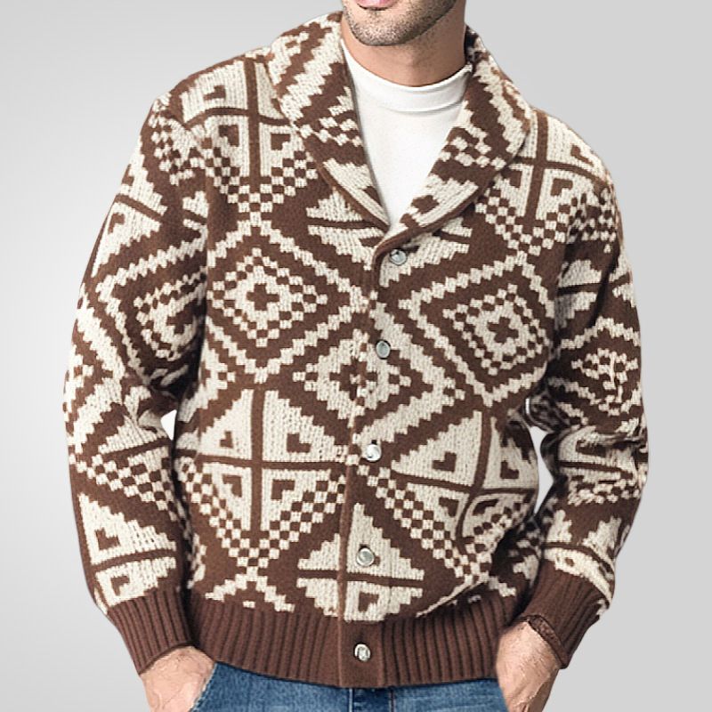 American retro cardigan men's long sleeved knitted sweater autumn and winter style thick geometric jacquard woolen jacket  Coats
