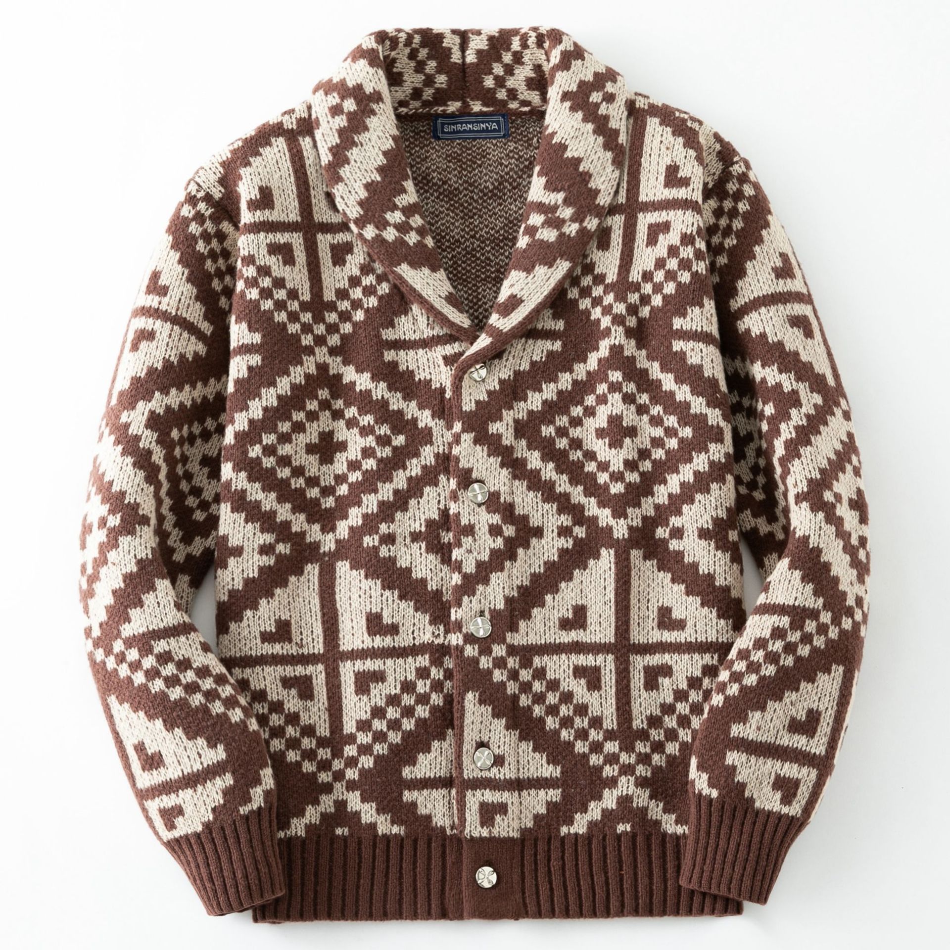 American retro cardigan men's long sleeved knitted sweater autumn and winter style thick geometric jacquard woolen jacket  Coats
