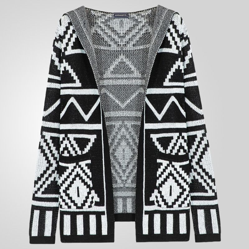 Vintage Men's Autumn/Winter Geometric Knit Jacquard Sweater Knitwear Hooded Cardigan Coats