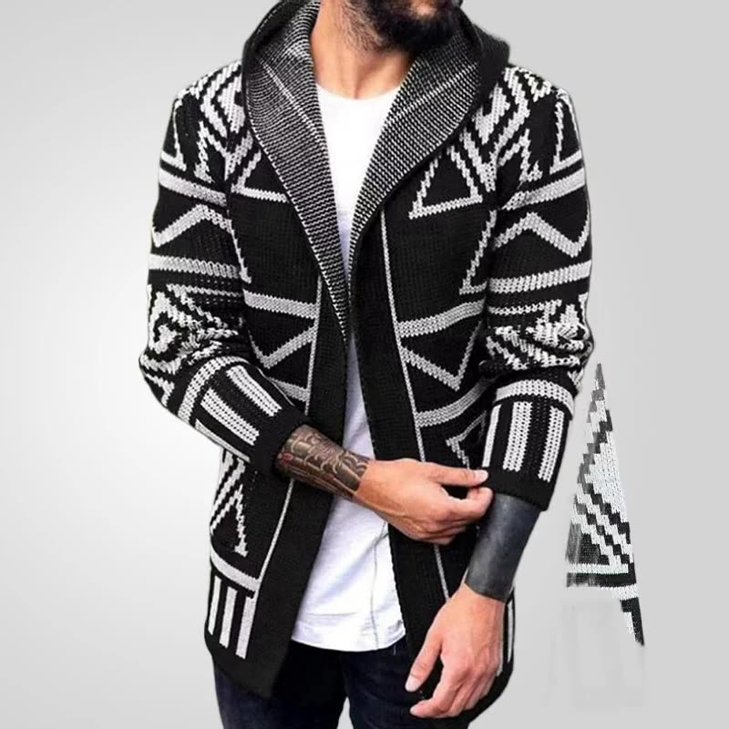 Vintage Men's Autumn/Winter Geometric Knit Jacquard Sweater Knitwear Hooded Cardigan Coats