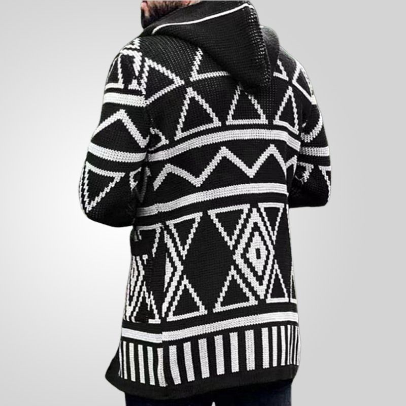 Vintage Men's Autumn/Winter Geometric Knit Jacquard Sweater Knitwear Hooded Cardigan Coats