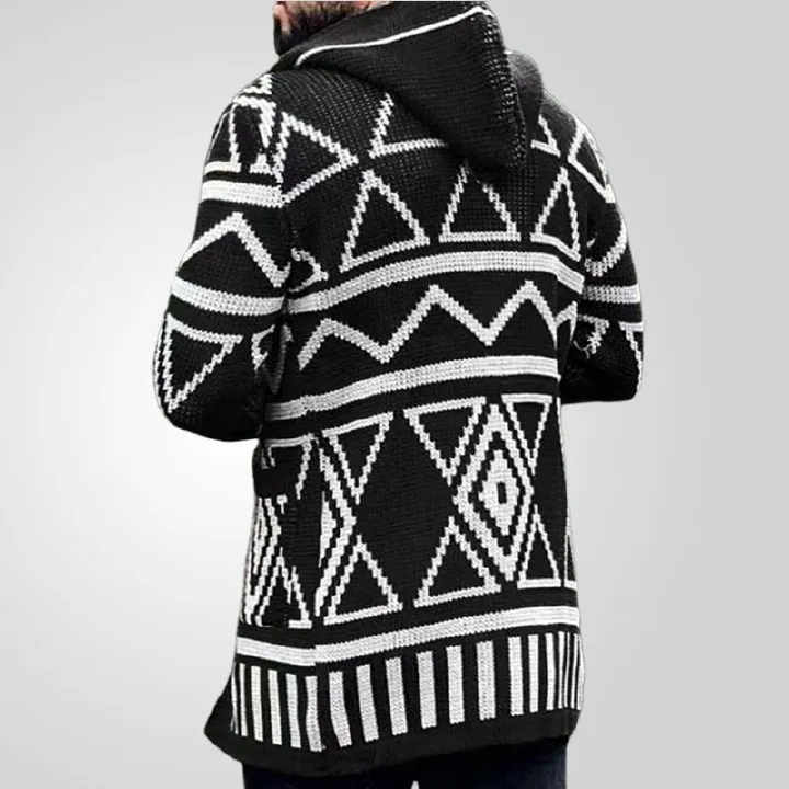 Vintage Men's Autumn/Winter Geometric Knit Jacquard Sweater Knitwear Hooded Cardigan Coats