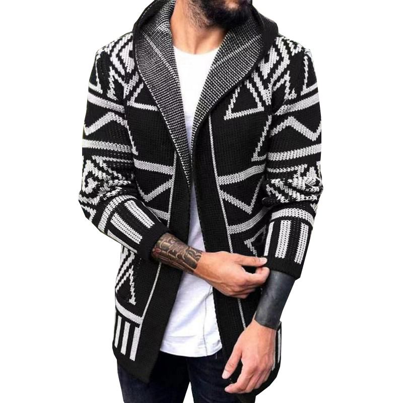 Vintage Men's Autumn/Winter Geometric Knit Jacquard Sweater Knitwear Hooded Cardigan Coats
