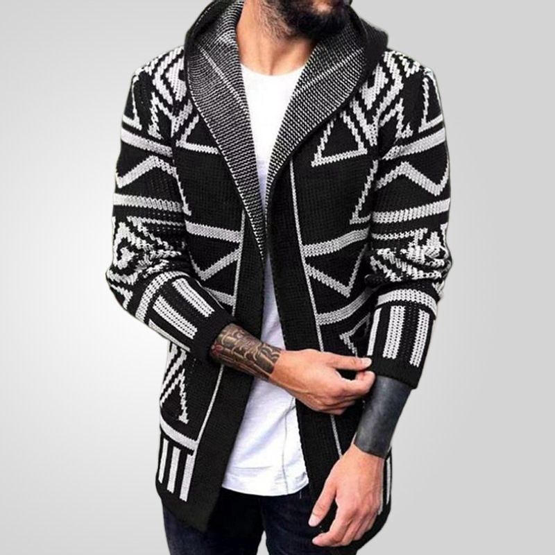 Vintage Men's Autumn/Winter Geometric Knit Jacquard Sweater Knitwear Hooded Cardigan Coats