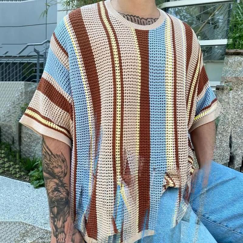 Summer New Crewneck Men's Knit T Shirt Casual Thin Hollow Out Mens Knit Shirts T-Shirts