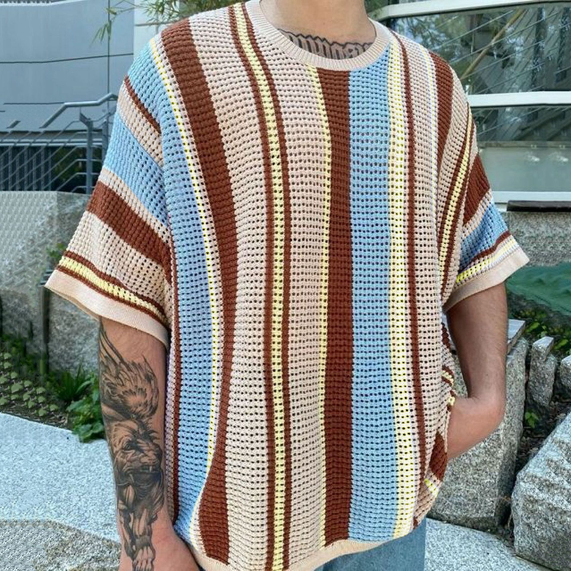 Summer New Crewneck Men's Knit T Shirt Casual Thin Hollow Out Mens Knit Shirts T-Shirts