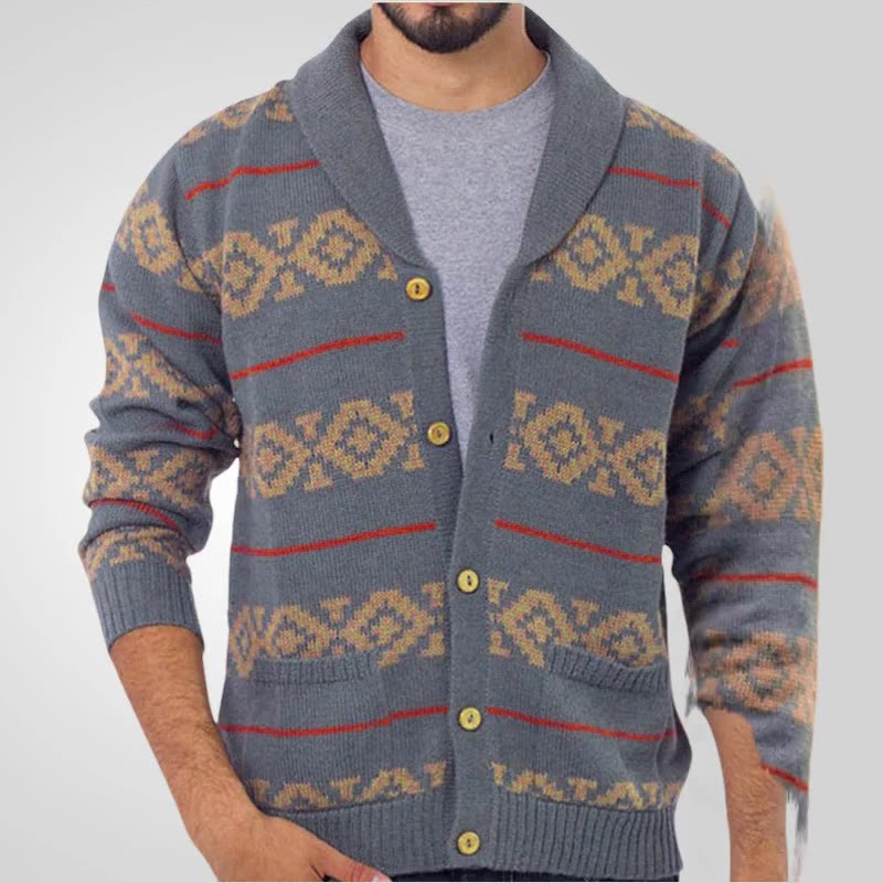 Men's foreign trade knitted jacket American retro jacquard casual top long sleeved button up cardigan sweater jacket Sweaters