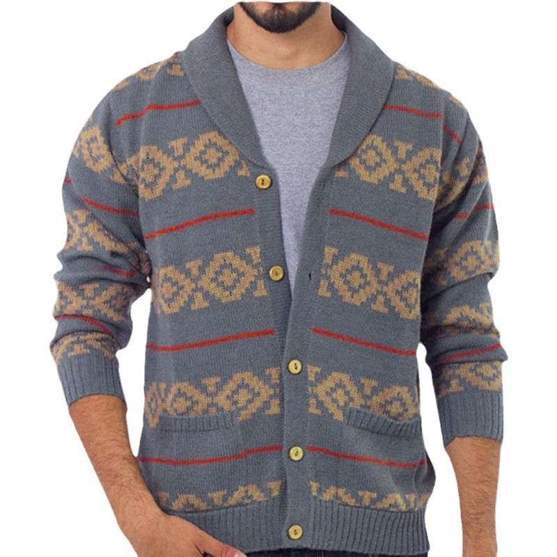 Men's foreign trade knitted jacket American retro jacquard casual top long sleeved button up cardigan sweater jacket Sweaters