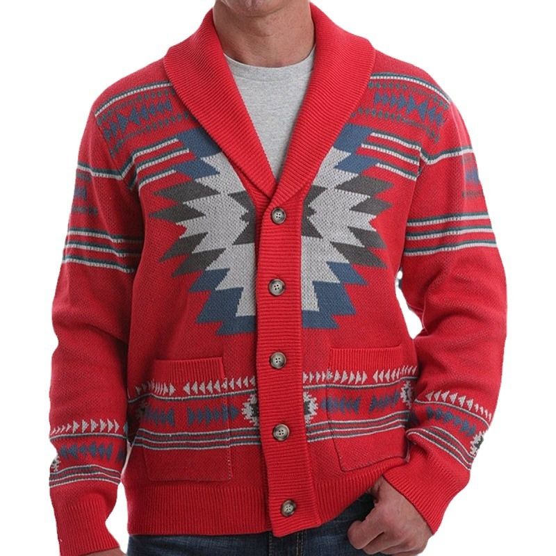 Men's winter new jacket red retro jacquard knitted sweater long sleeved single breasted cardigan sweater in stock Sweaters