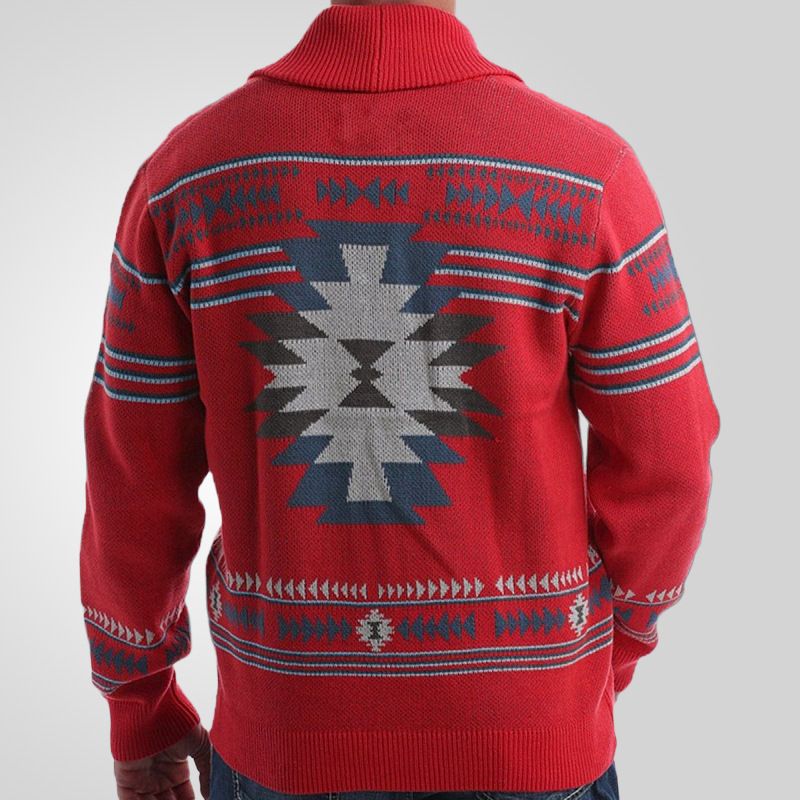 Men's winter new jacket red retro jacquard knitted sweater long sleeved single breasted cardigan sweater in stock Sweaters