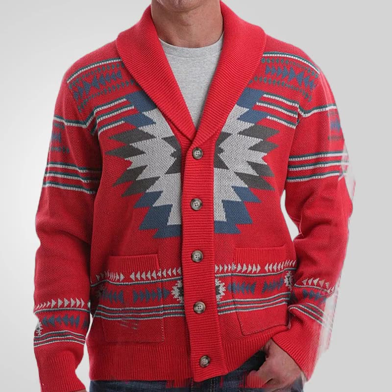 Men's winter new jacket red retro jacquard knitted sweater long sleeved single breasted cardigan sweater in stock Sweaters