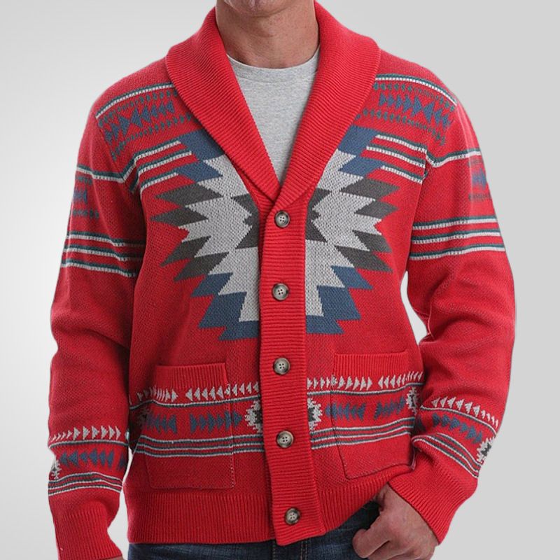 Men's winter new jacket red retro jacquard knitted sweater long sleeved single breasted cardigan sweater in stock Sweaters