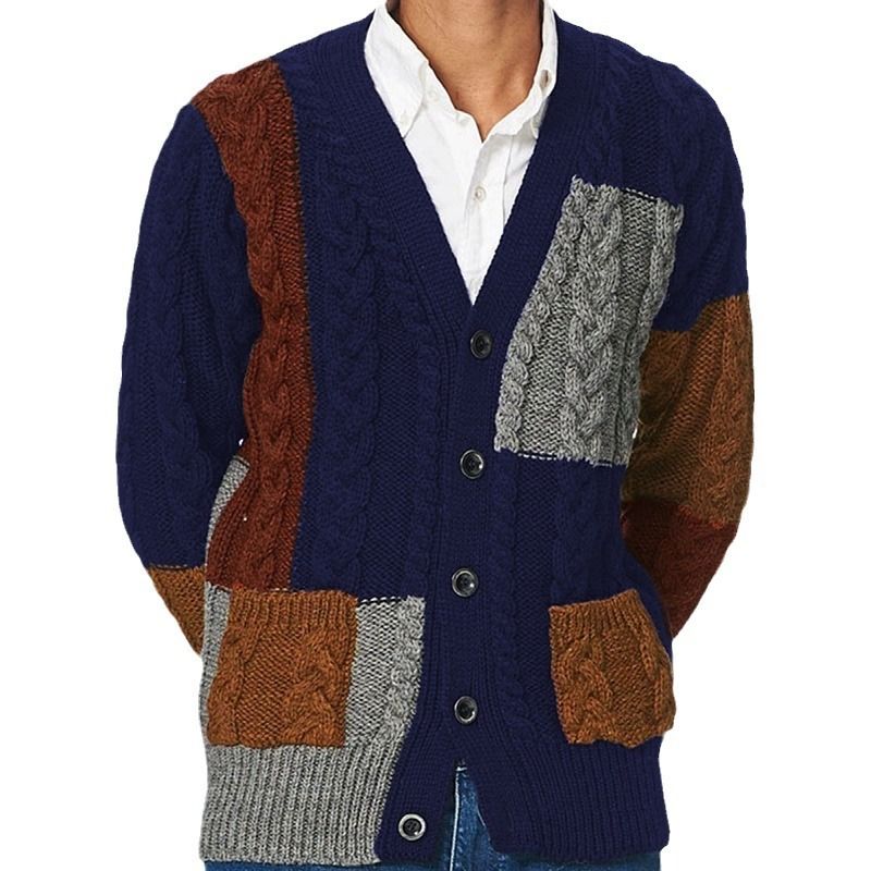 Patch Color Knitted Man Cardigan Clothes V Neck Long Sleeve Cable Twist Color Blocking Men Sweater Cardigan  Sweaters
