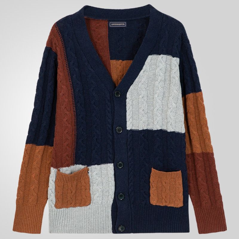 Patch Color Knitted Man Cardigan Clothes V Neck Long Sleeve Cable Twist Color Blocking Men Sweater Cardigan  Sweaters