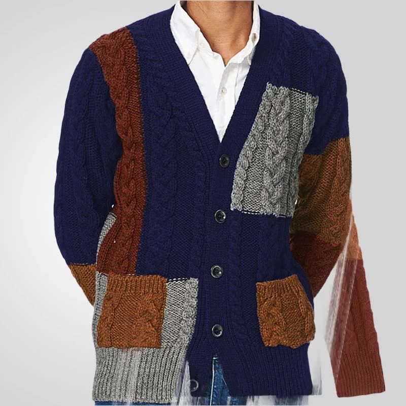 Patch Color Knitted Man Cardigan Clothes V Neck Long Sleeve Cable Twist Color Blocking Men Sweater Cardigan  Sweaters