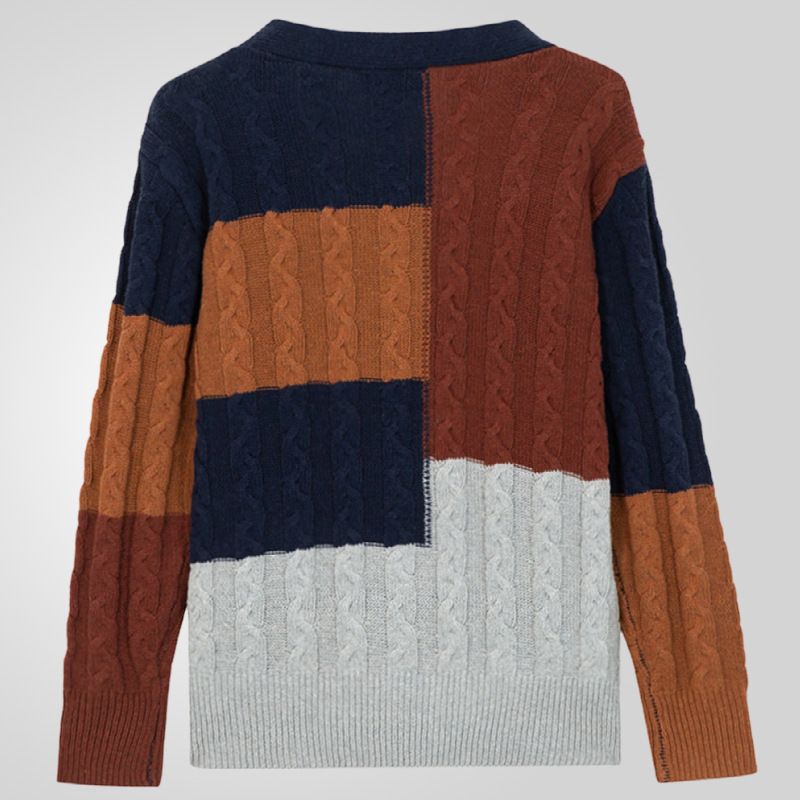 Patch Color Knitted Man Cardigan Clothes V Neck Long Sleeve Cable Twist Color Blocking Men Sweater Cardigan  Sweaters