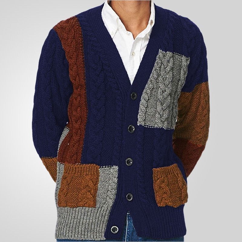 Patch Color Knitted Man Cardigan Clothes V Neck Long Sleeve Cable Twist Color Blocking Men Sweater Cardigan  Sweaters