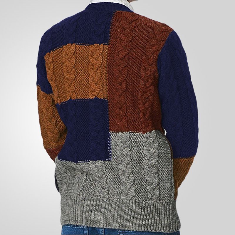 Patch Color Knitted Man Cardigan Clothes V Neck Long Sleeve Cable Twist Color Blocking Men Sweater Cardigan  Sweaters