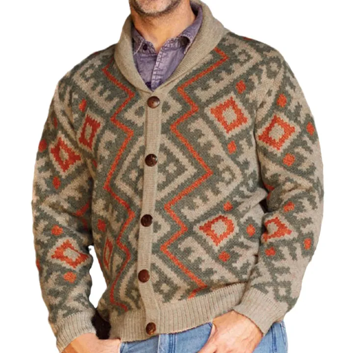 Men's winter new sweater retro geometric jacquard button cardigan jacket 7GG woolen long sleeved top in stock