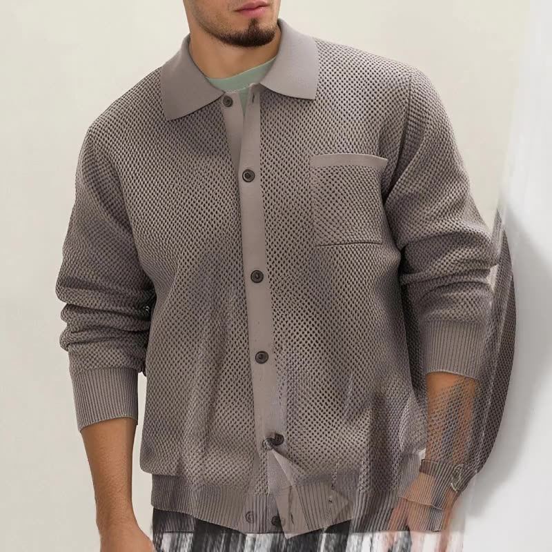 Men's Korean casual knitwear jacket solid color lapel long sleeved patch pocket top wear high-density woolen coat