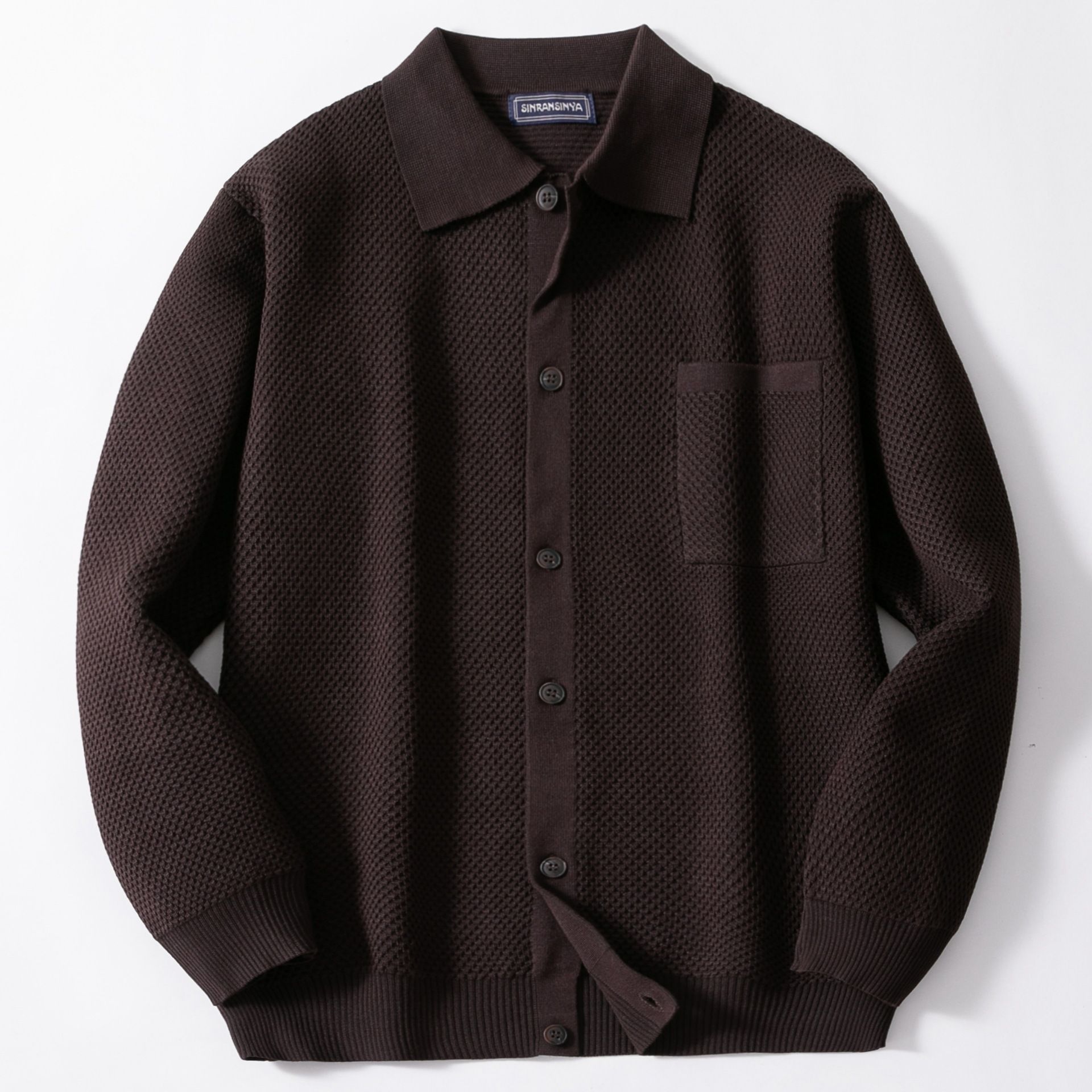 Men's Korean casual knitwear jacket solid color lapel long sleeved patch pocket top wear high-density woolen coat