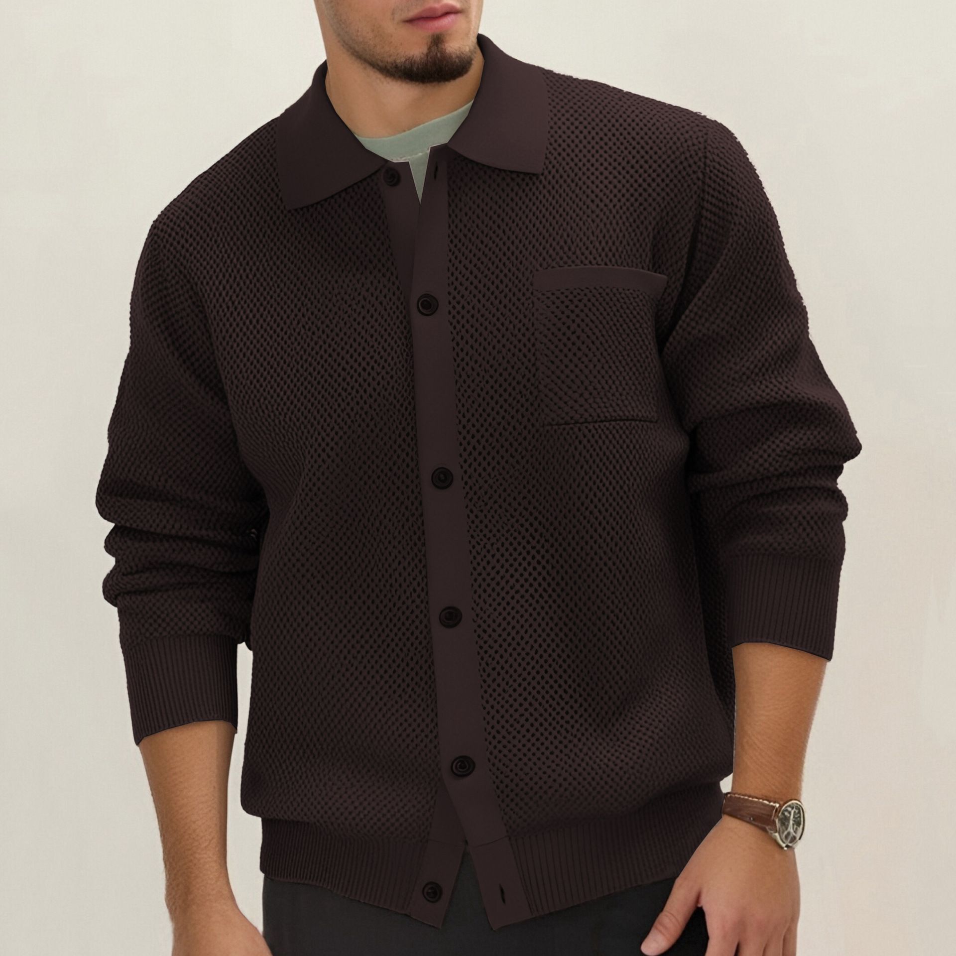 Men's Korean casual knitwear jacket solid color lapel long sleeved patch pocket top wear high-density woolen coat