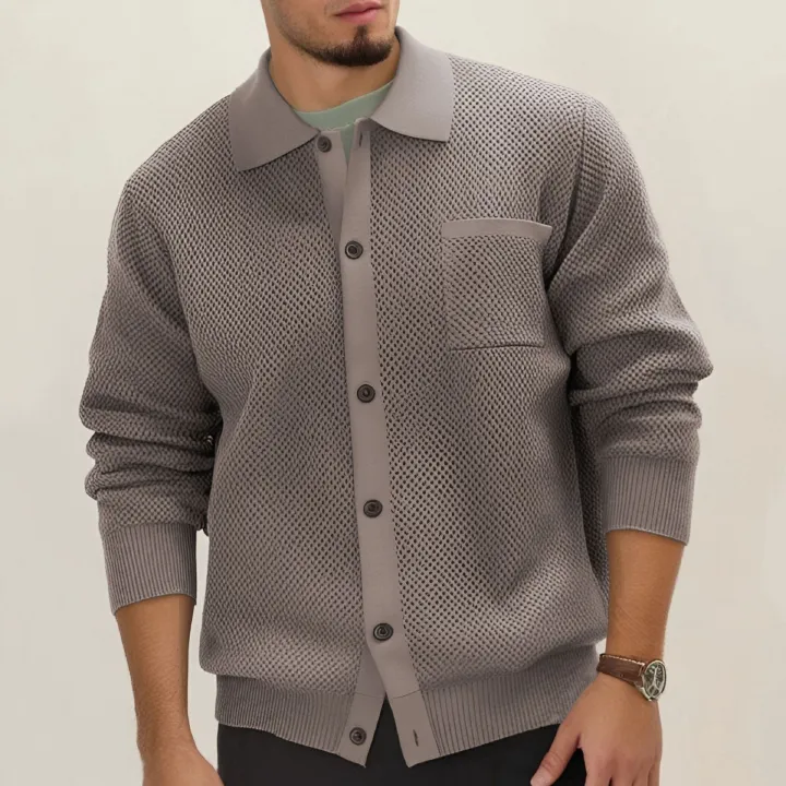 Men's Korean casual knitwear jacket solid color lapel long sleeved patch pocket top wear high-density woolen coat