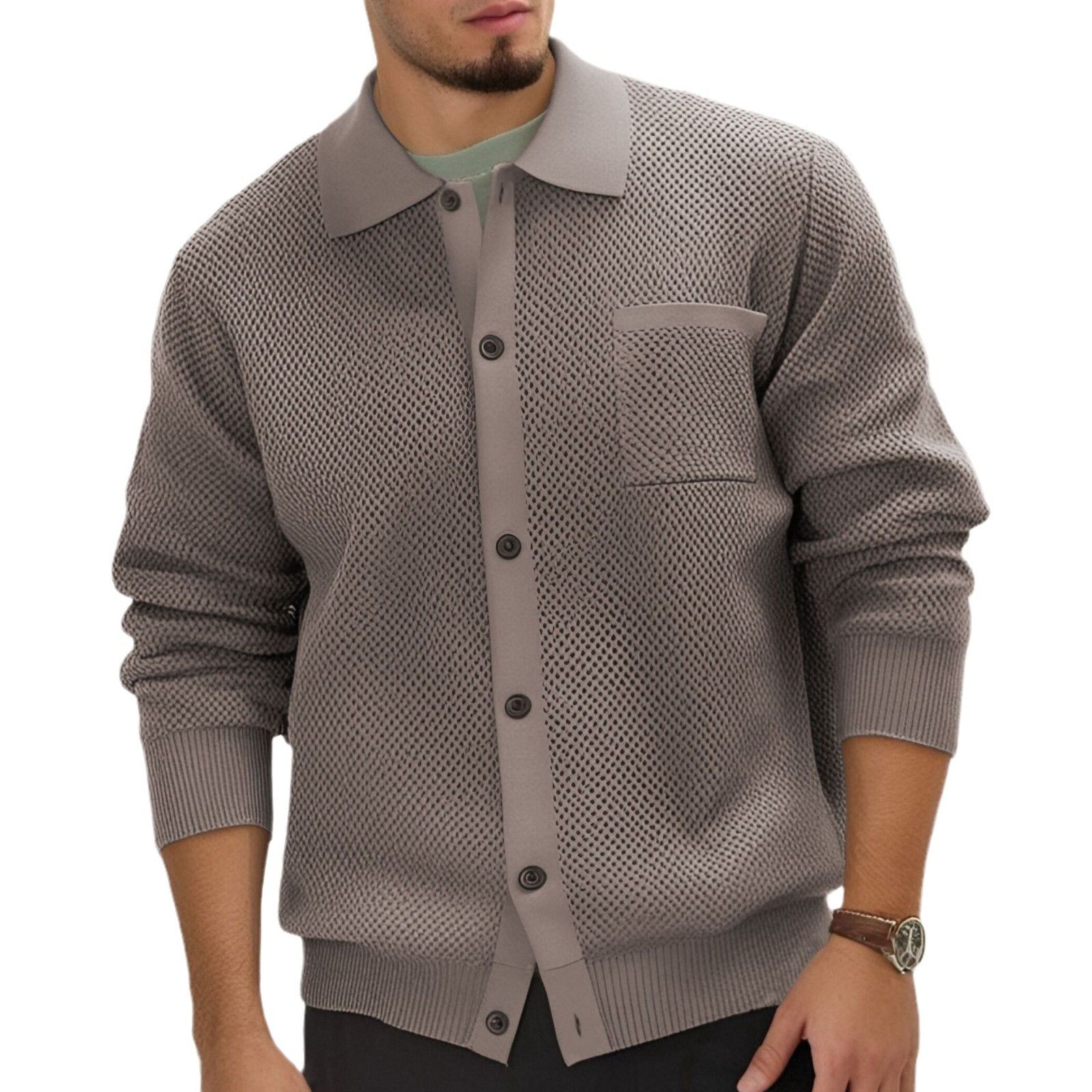 Men's Korean casual knitwear jacket solid color lapel long sleeved patch pocket top wear high-density woolen coat