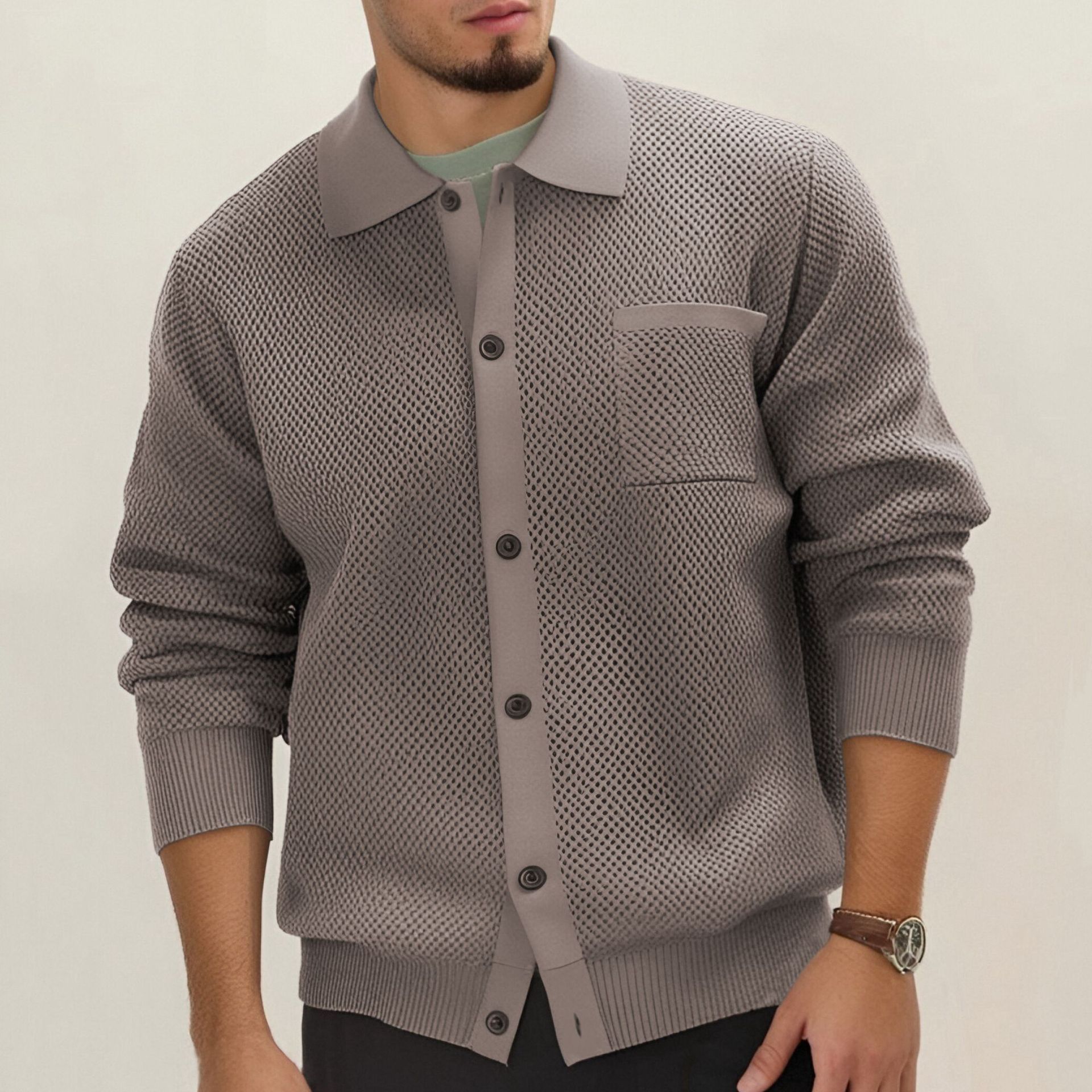 Men's Korean casual knitwear jacket solid color lapel long sleeved patch pocket top wear high-density woolen coat