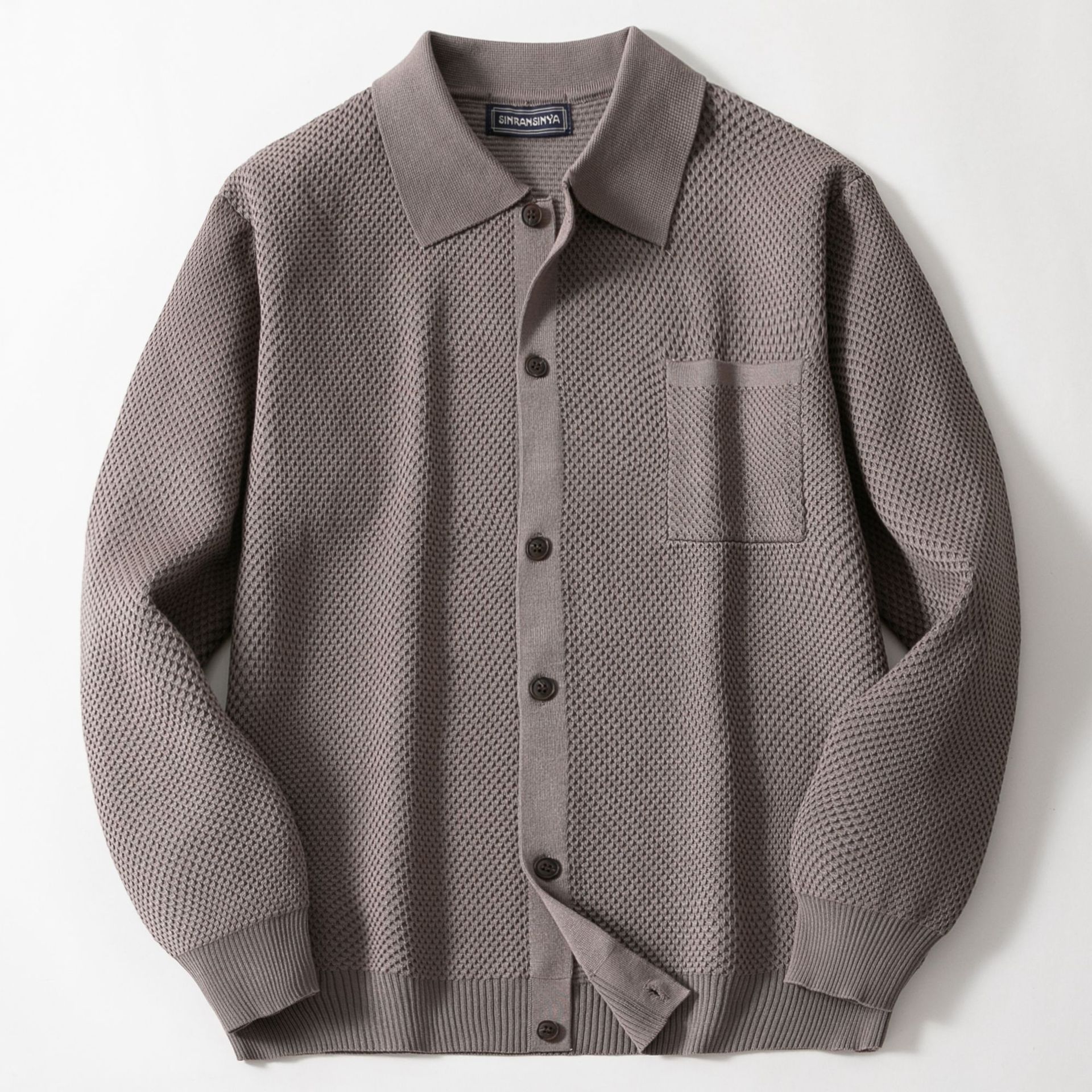 Men's Korean casual knitwear jacket solid color lapel long sleeved patch pocket top wear high-density woolen coat