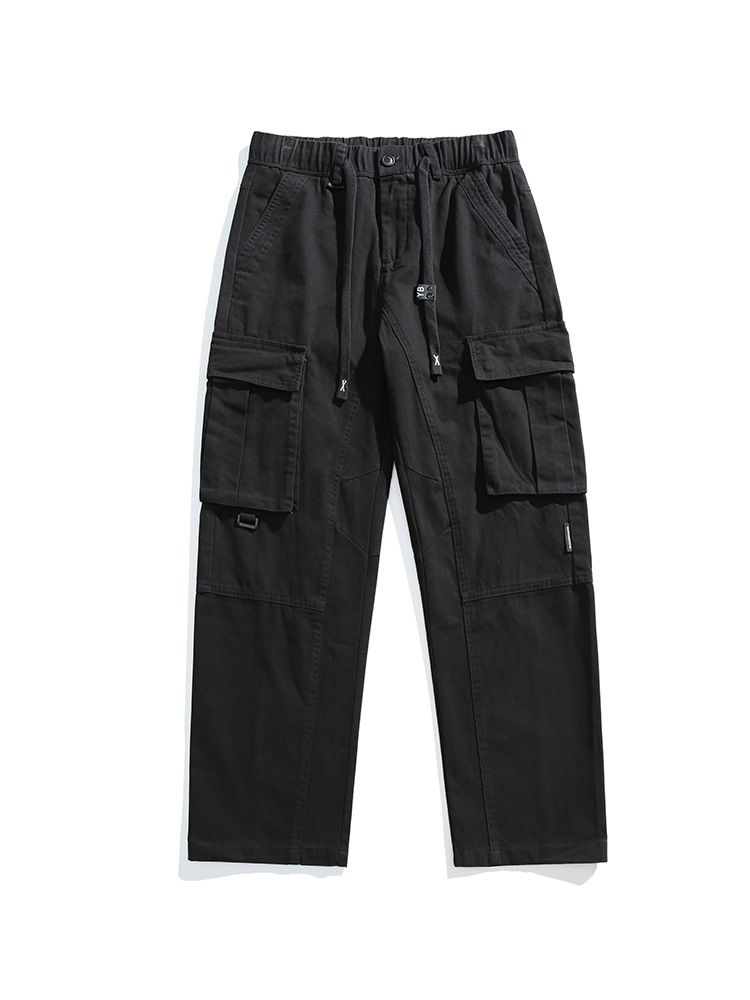 Custom Patch   Wide Leg Loose Baggy Multi Pockets Solid Color Cargo Cotton Pants For Men  Casual