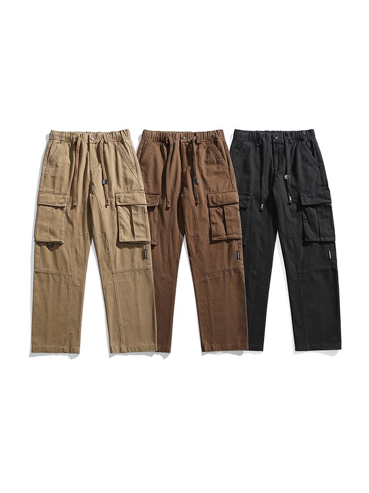 Custom Patch   Wide Leg Loose Baggy Multi Pockets Solid Color Cargo Cotton Pants For Men  Casual