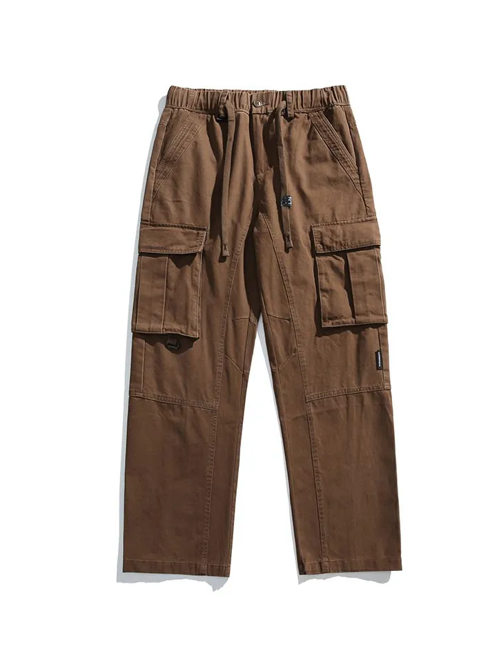 Custom Patch   Wide Leg Loose Baggy Multi Pockets Solid Color Cargo Cotton Pants For Men  Casual