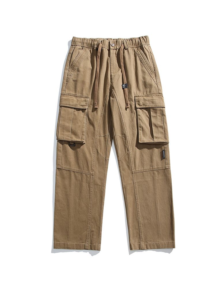 Custom Patch   Wide Leg Loose Baggy Multi Pockets Solid Color Cargo Cotton Pants For Men  Casual