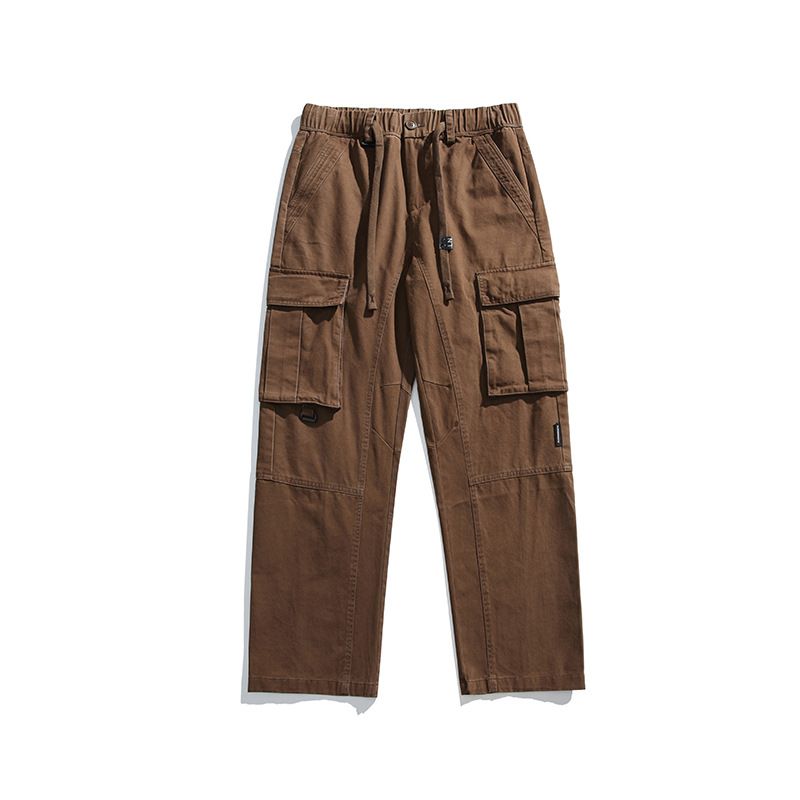 Custom Patch   Wide Leg Loose Baggy Multi Pockets Solid Color Cargo Cotton Pants For Men  Casual