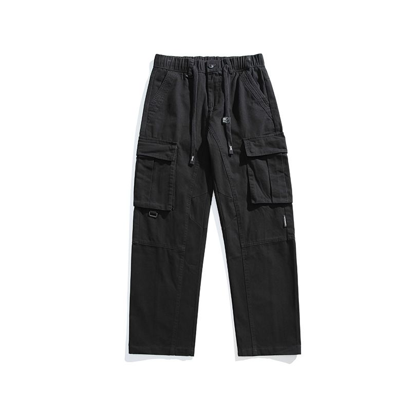 Custom Patch   Wide Leg Loose Baggy Multi Pockets Solid Color Cargo Cotton Pants For Men  Casual