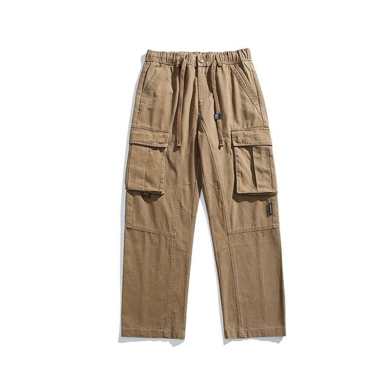 Custom Patch   Wide Leg Loose Baggy Multi Pockets Solid Color Cargo Cotton Pants For Men  Casual