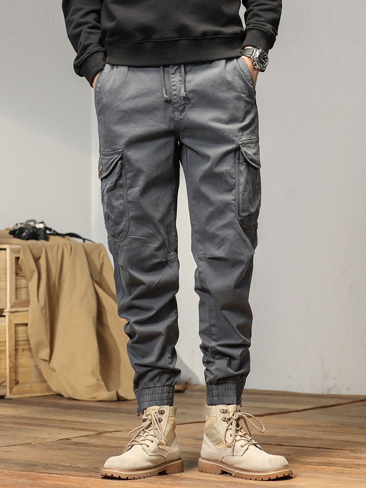 New Men Streetwear Zipper Leg Skinny Work Joggers Casual Trousers Multi Pockets Cotton Cargo Pants Casual