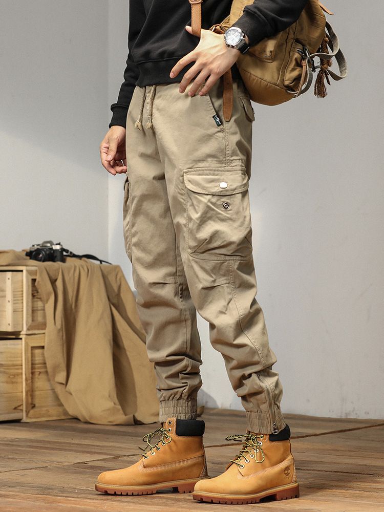 New Men Streetwear Zipper Leg Skinny Work Joggers Casual Trousers Multi Pockets Cotton Cargo Pants Casual